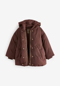 Geacă tip puffer burgundy cu glugă, dotată cu un fermoar auriu, capse și două buzunare frontale. Fabricată dintr-un material neted și ușor.