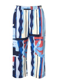 Pantaloni culotte in un tessuto leggero, con motivi astratti in blu, crema e rosso. Vita elastica, gambe larghe, lunghezza al ginocchio.