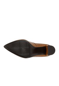 Chaussure à bout pointu bicolore avec un dessus en cuir lisse marron, une semelle en caoutchouc noir texturé et un petit talon bloc pour plus de stabilité.