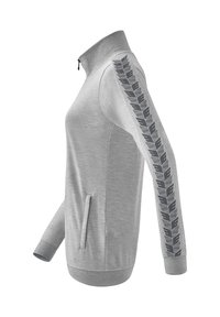 Felpa grigia chiara con zip, colletto alto, tasche laterali e un motivo grafico lungo la manica sinistra in grigio scuro. Tocco morbido, vestibilità atletica.