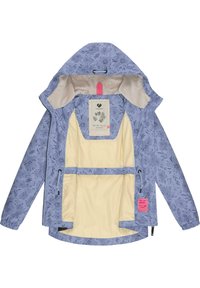 Veste bleu clair avec motif floral, dotée d'une capuche, de deux poches intérieures et d'une doublure jaune doux. Comprend une étiquette de marque à l'intérieur.