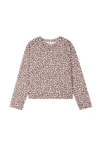 Top a maniche lunghe in tessuto morbido, con sfondo beige e stampa leopardata marrone. Scollo rotondo e design cropped.