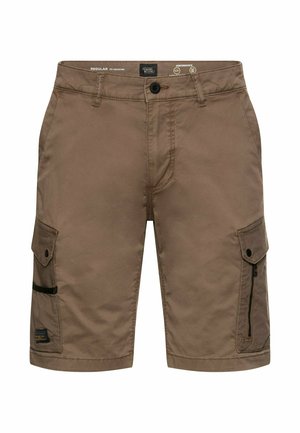 Braune Cargo-Shorts für Herren mit mehreren Taschen, Knopf- und Reißverschluss, Gürtelschlaufen und geradem Bein.