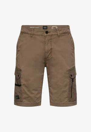 Brune cargo-shorts til mænd med flere lommer, knap- og lynlås lukning, bæltestropper og lige benpasform.
