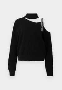 Black sweater with a high neck, one shoulder exposed, and a prominent strap reading "Karl Lagerfeld." Textured knit with ribbed cuffs.