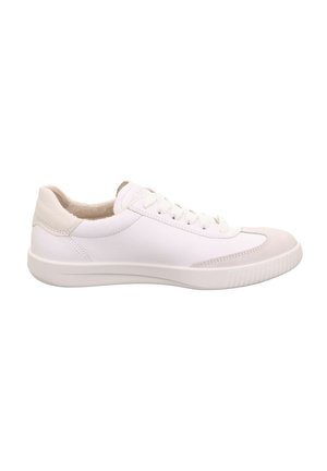 White leather sneaker with a smooth finish, rounded toe, and light gray accents. Features flat laces and a textured rubber sole.