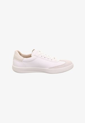 Weiße Ledersneaker mit einer glatten Oberfläche, runder Zehenform und hellgrauen Akzenten. Ausgestattet mit flachen Schnürsenkeln und einer strukturierten Gummisohle.