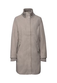 Cappotto lungo grigio con colletto alto, caratterizzato da dettagli in maglia testurizzata al colletto e ai polsini, e due tasche laterali con zip.