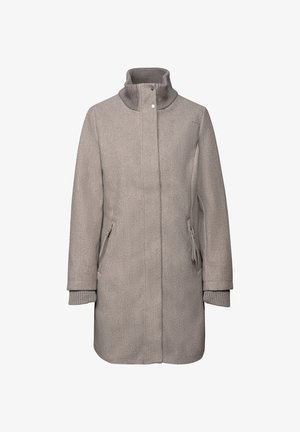 Cappotto lungo grigio con colletto alto, caratterizzato da dettagli in maglia testurizzata al colletto e ai polsini, e due tasche laterali con zip.