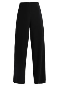 Pantalon noir à jambes larges avec une taille élastique. Confectionné dans un tissu lisse et léger. Présente une silhouette droite sans ornements.