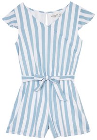 Pasiaste kombinezon w jasnoniebieskim i białym kolorze, wykonany z miękkiego materiału. Posiada krótkie rękawy, pasek w talii oraz dekolt w kształcie litery V.