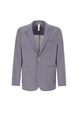 Blazer da uomo grigio chiaro con trama, con due bottoni, rever a lancia, taschino sul petto e due tasche applicate frontali su sfondo bianco.