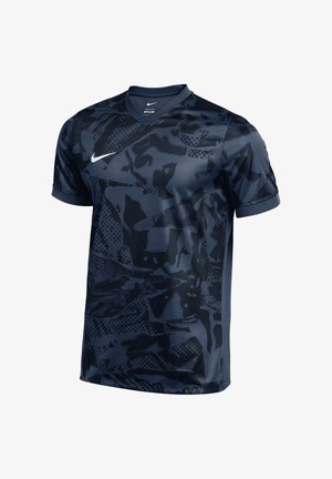 Maglietta sportiva Nike blu scuro con motivi astratti neri e logo Nike swoosh bianco sul petto, maniche corte e collo a V.