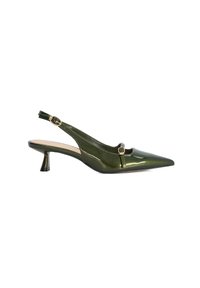 Green patent leather slingback pump with a pointed toe, small heel, cutout detail at the front, and adjustable strap with a gold buckle.