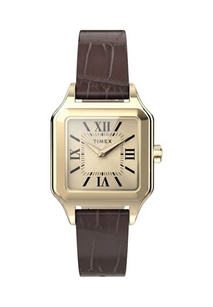 Квадратен часовник Timex в златист тон с бежов циферблат, римски цифри, тъмнокафява кожена каишка и две стрелки, показващи 2:10.