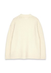 Cream-colored knitted cardigan featuring a ribbed texture and dropped shoulders, with a round neckline and no fastenings.