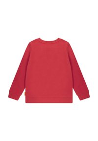 Sudadera roja con mangas largas, cuello redondo y puños acanalados. Fabricada con un tejido suave, presenta una pequeña etiqueta con el logo en el dobladillo.