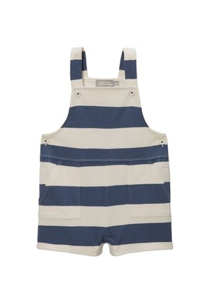 Salopette courte rayée bleu marine et beige pour tout-petits, avec poches devant et bretelles boutonnées.