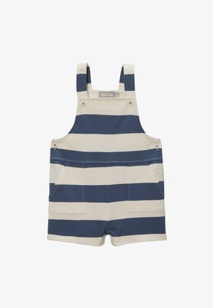 Salopette courte rayée bleu marine et beige pour tout-petits, avec poches devant et bretelles boutonnées.