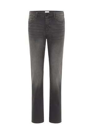 Gray denim jeans with a straight fit, five-pocket design, and subtle fading. Features a button closure and belt loops. Smooth texture.