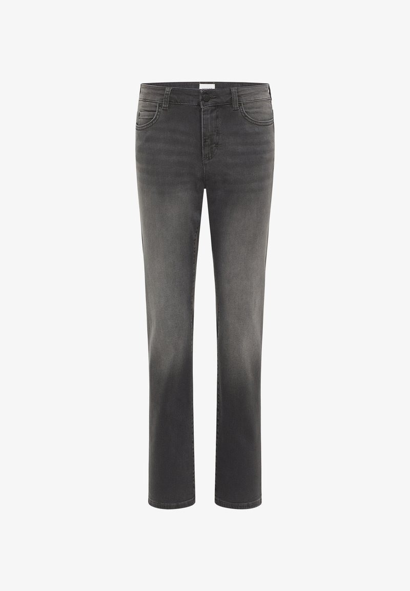 Gray denim jeans with a straight fit, five-pocket design, and subtle fading. Features a button closure and belt loops. Smooth texture.
