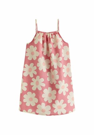Roze mouwloze jurk met dunne bandjes, met een patroon van grote witte madeliefjes met lichtroze middelpunten.