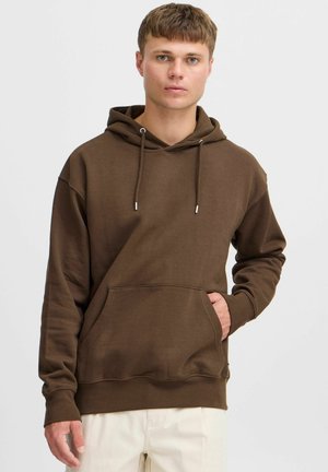 Brown hooded sweatshirt with a kangaroo pocket, drawstring detailing, and ribbed cuffs. Soft fabric; relaxed fit design.