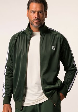 Green zip-up track jacket with white side stripes, ribbed cuffs and collar, featuring a small logo on the left chest. Smooth texture.