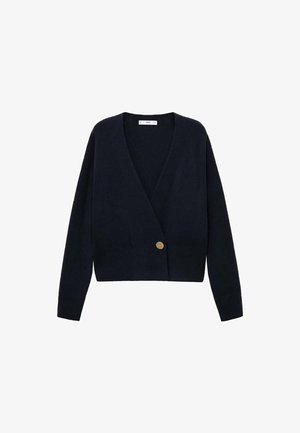 Cardigan bleu marine en matière tricot douce. Doté d'un col châle, de manches longues et d'un unique bouton doré à la taille.