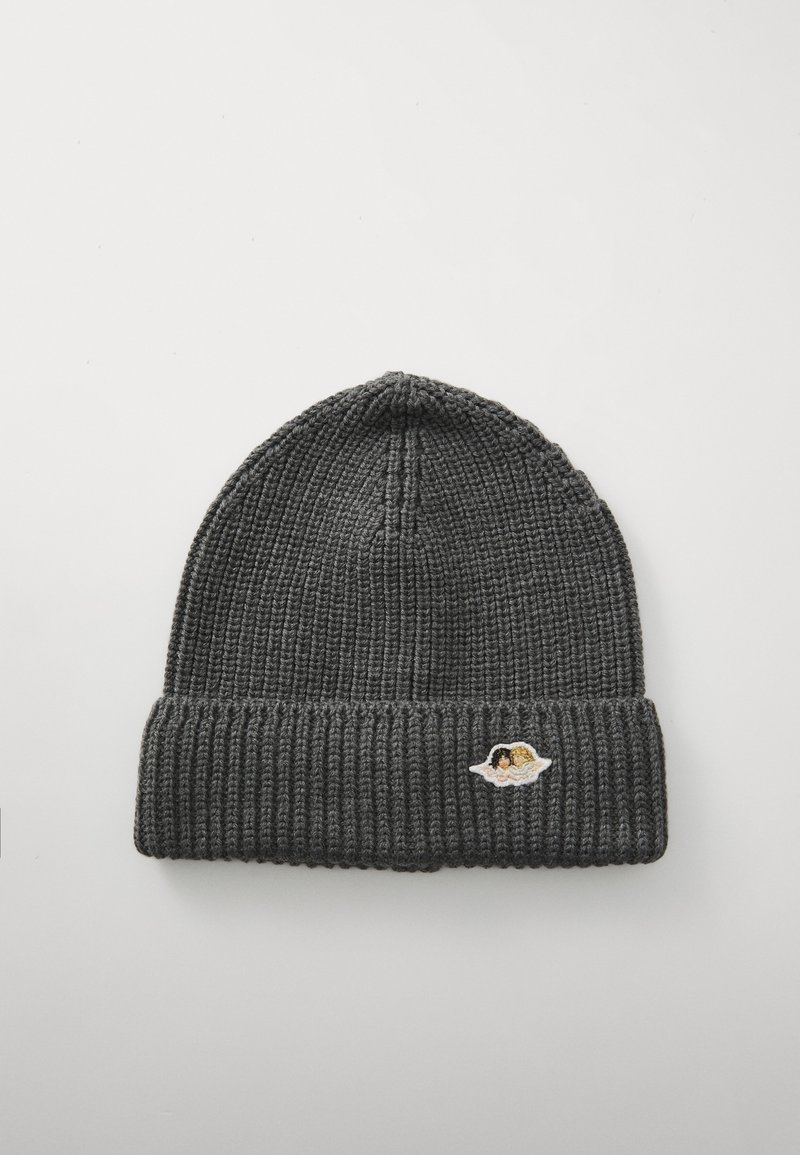 Gray knitted beanie with a ribbed texture and a folded cuff, featuring a small embroidered patch with a figure on a cloud.
