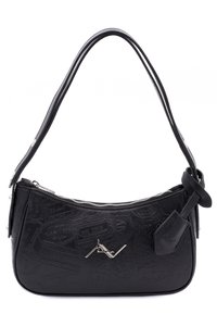 Borsa a spalla nera in pelle con chiusura a cerniera, motivo in rilievo e dettaglio intrecciato sulla tracolla. Presenza di elementi in metallo color argento.