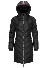 Black padded parka jacket with a chevron design, zip closure, adjustable hood, and red accents. Features side pockets and ribbed cuffs.