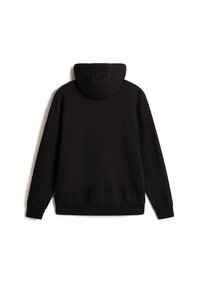 Schwarze Kapuzenjacke aus Baumwollmischung mit einem schlichten Design, Kängurutasche, gerippten Bündchen und Saum sowie einer weichen, glatten Textur.