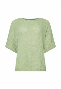 Top lavorato a maglia verde chiaro con una vestibilità ampia, maniche larghe e motivi testurizzati orizzontali. Collo a giro, design casual.