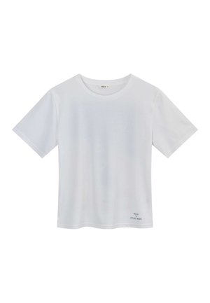 White short-sleeve crew neck T-shirt with small "MELA X ATELIER MAVE" text near the bottom hem, size XS.