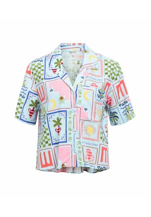 Chemise à manches courtes avec boutons, à motif patchwork coloré comprenant des soleils, des lunes, des plantes et des formes abstraites sur un fond clair.