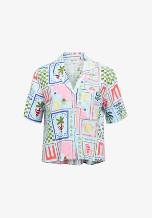 Lühikeste varrukatega nööbitav särk, millel on värvikas kollektsioonimuster, mis kujutab päikeseid, kuusid, taimi ja abstraktseid kujundeid heledal taustal.