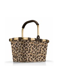 Panier en tissu imprimé léopard avec un cadre en métal doré et une poignée en caoutchouc marron. Dispose de côtés robustes et d'une base plate pour la stabilité.