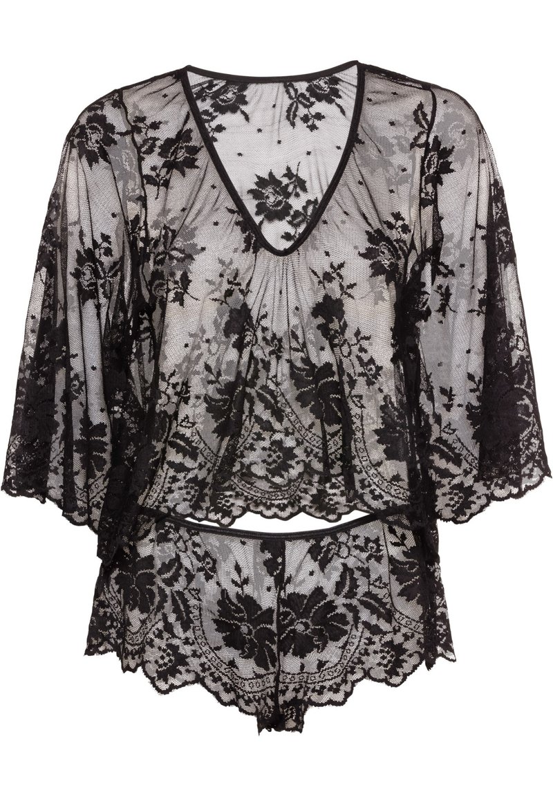 Set di lingerie in pizzo nero composto da un top con maniche a sbuffo e un perizoma abbinato. Il tessuto presenta motivi floreali e bordi ondulati.
