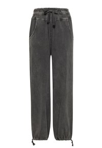 Dunkelgraue Sweatpants mit Waschung, Kordelzug am Bund und elastischen Bündchen mit verstellbaren Bändern an den Knöcheln.