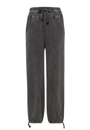 Dunkelgraue Sweatpants mit Waschung, Kordelzug am Bund und elastischen Bündchen mit verstellbaren B�ändern an den Knöcheln.