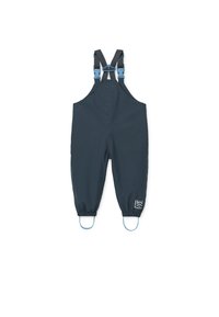 Μπλε ναυτικό αδιάβροχο ολόσωμο με ρυθμιζόμενους ιμάντες, ελαστικό γύρω από τους αστραγάλους και αντανακλαστικό λογότυπο στο κάτω μέρος του ποδιού. Με ομαλή υφή.