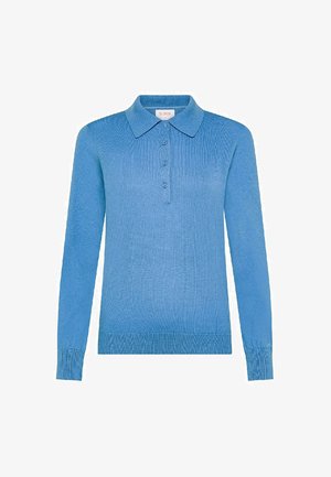Polo shirt a maniche lunghe, di colore azzurro chiaro, con una texture a coste, dotato di colletto, patta con tre bottoni e polsini aderenti.