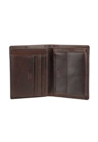 Portefeuille en cuir marron avec plusieurs emplacements pour cartes, un grand compartiment et des coutures discrètes. L'intérieur présente une texture lisse et un branding minimal.
