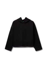 Černá mikina s kapucí, dlouhými rukávy, uvolněným střihem a texturovanou tkaninou. Obsahuje přední klokaní kapsu a žebrovaný lem.