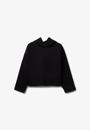 Černá mikina s kapucí, dlouhými rukávy, uvolněným střihem a texturovanou tkaninou. Obsahuje přední klokaní kapsu a žebrovaný lem.