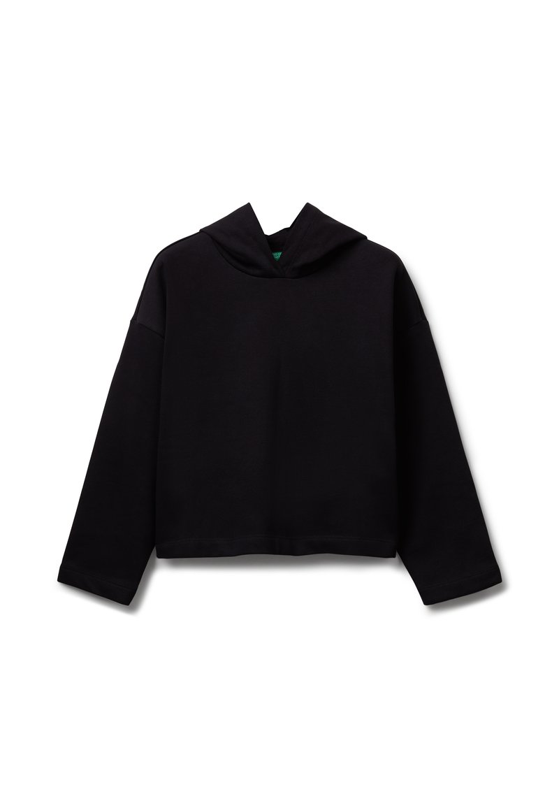 Černá mikina s kapucí, dlouhými rukávy, uvolněným střihem a texturovanou tkaninou. Obsahuje přední klokaní kapsu a žebrovaný lem.