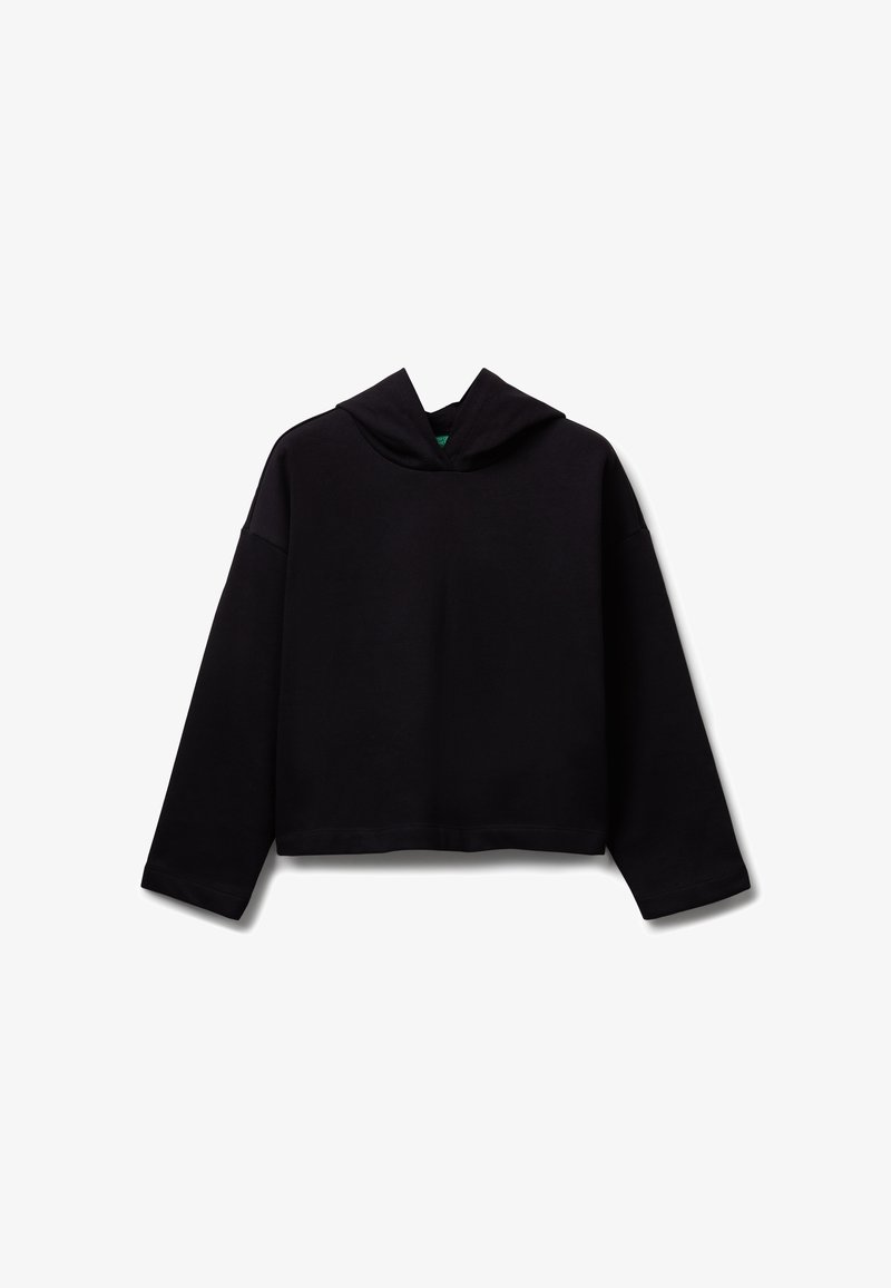 Černá mikina s kapucí, dlouhými rukávy, uvolněným střihem a texturovanou tkaninou. Obsahuje přední klokaní kapsu a žebrovaný lem.