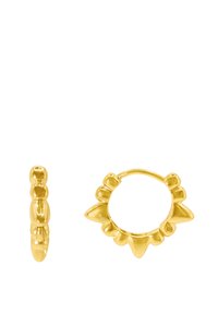 Orecchini a cerchio in oro con un design testurizzato, arricchiti da accenti arrotondati e spigolosi. La finitura è lucida con superfici lisce.