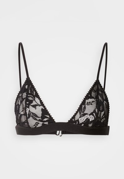 Μαύρο σουτιέν bralette από δαντέλα με τριγωνικά κύπελλα, ρυθμιζόμενους ιμάντες και σταθερή ταινία. Διαθέτει φλοράλ δαντελένιο σχέδιο και κυματιστές άκρες.